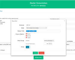 Antarmuka web TLD-List di mana Anda dapat membuat dan mengonfigurasi peringatan.